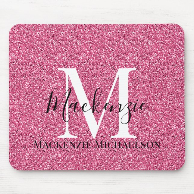 Girly Pink Glitter Monogram Name  Mouse Pad (Front)
