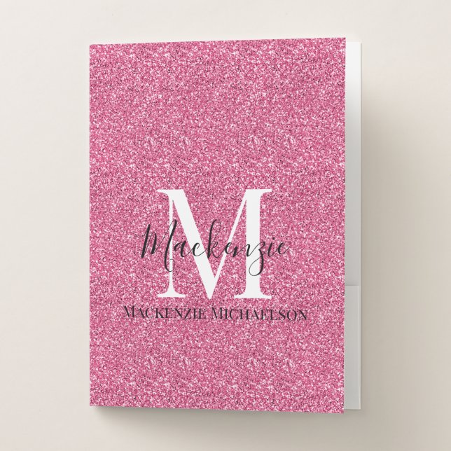 Girly Pink Glitter Monogram Name Pocket Folder (Front)