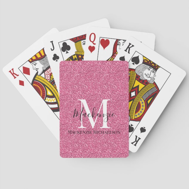 Girly Pink Glitter Monogram Name Poker Cards (Back)