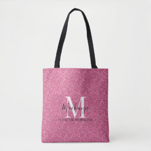 Girly Pink Glitter Monogram Name Tote Bag