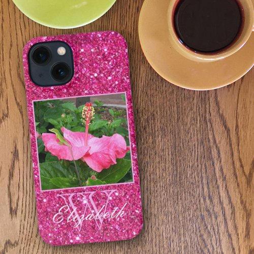 Girly Pink Glitter Monogram Personal Photo Name iPhone 13 Case