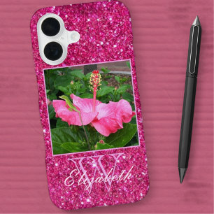 Girly Pink Glitter Monogram Personal Photo Name iPhone 16 Case