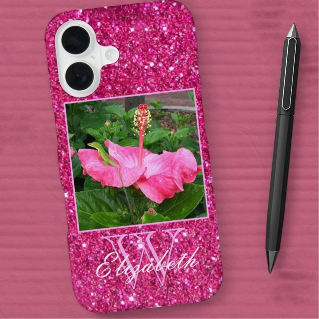 Girly Pink Glitter Monogram Personal Photo Name iPhone Case (Custom photo monogram template phone case)