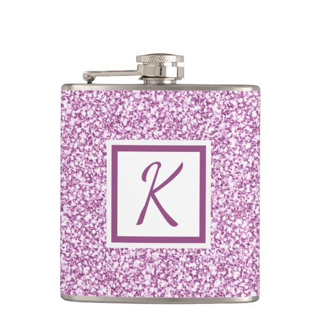 Girly Pink Glitter Monogrammed Flask (Front)