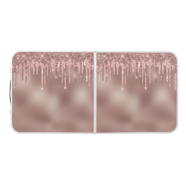 Girly Pink Glitter Monogrammed Rose Gold Drips Beer Pong Table (Top)