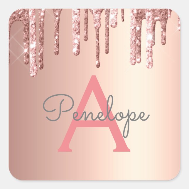 Girly Pink Glitter Monogrammed Rose Gold Drips Square Sticker (Front)