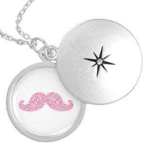 GIRLY PINK GLITTER MUSTACHE PRINTED SILVER PLATED NECKLACE
