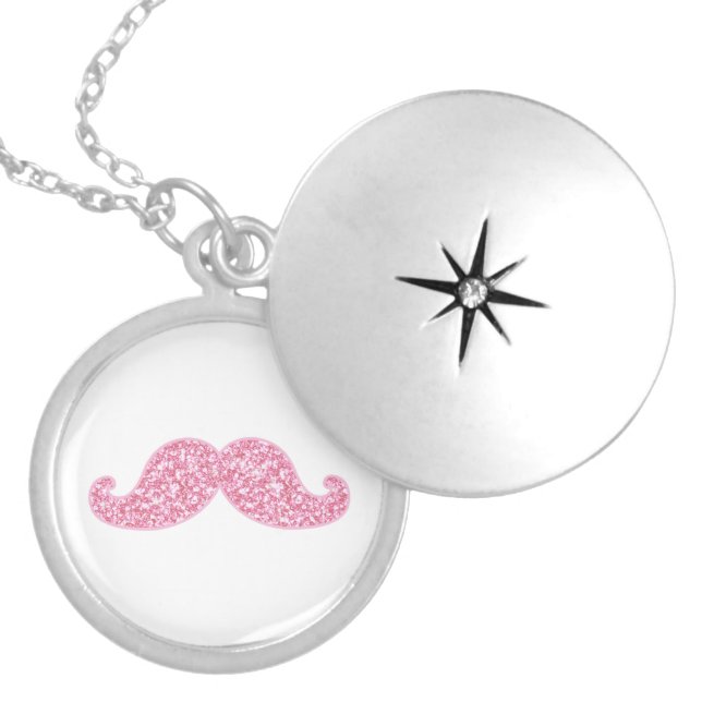 GIRLY PINK GLITTER MUSTACHE PRINTED SILVER PLATED NECKLACE (Front)