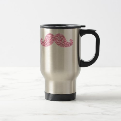 GIRLY PINK GLITTER MUSTACHE PRINTED TRAVEL MUG