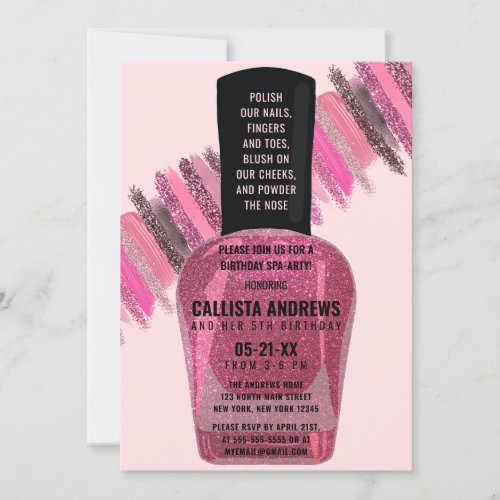 Girly Pink Glitter Nail Polish Spa Day Birthday Invitation