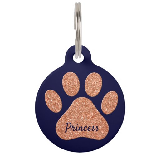 Girly Pink Glitter Navy Dog Paw Print Pet ID Tag