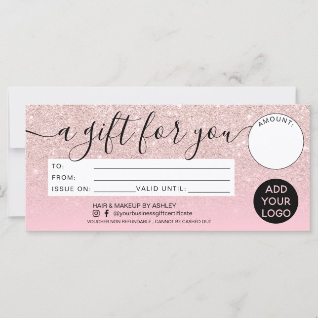 Girly pink glitter ombre gift certificate logo (Front)
