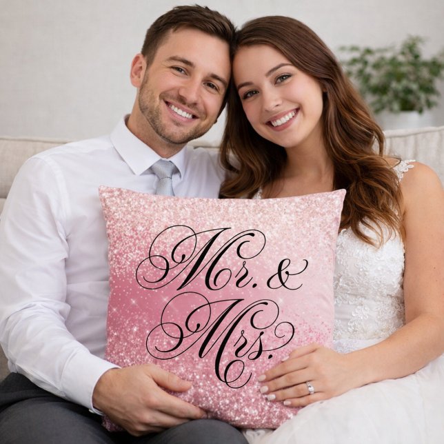 Girly Pink Glitter Ombre Mr and Mrs Throw Pillow (Creator Uploaded)