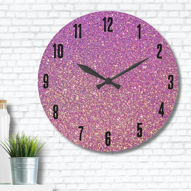 Girly Pink Glitter Pattern Large Clock (Trendy Girly Gradient Ombre Purple Pink Glitter Large Clock)