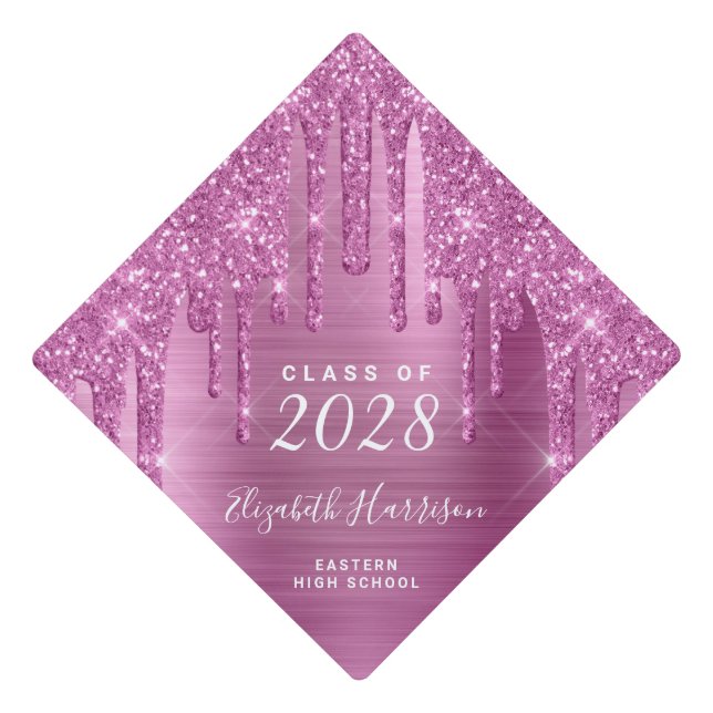 Girly Pink Glitter Personalized Graduation Cap Topper (Front)