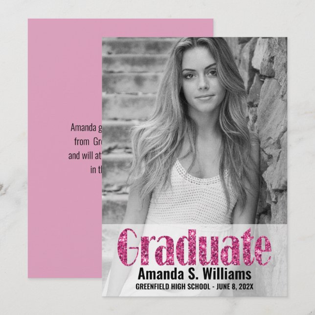 Girly Pink Glitter Photo Graduation  Announcement (Front/Back)