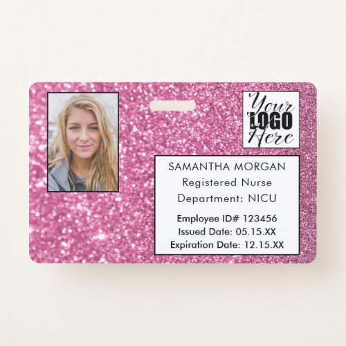 Girly Pink Glitter Photo Logo Employee ID Badge