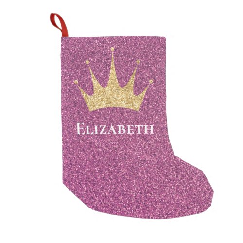 Girly Pink Glitter Princess Crown Monogrammed Small Christmas Stocking