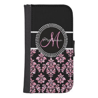 Girly Pink Glitter Printed Black Damask Monogram Samsung S4 Wallet Case