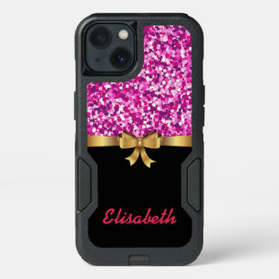 GIRLY PINK glitter printed black GOLD BOW monogram iPhone 13 Case
