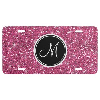 Girly Pink Glitter Sparkle Monogram Black Initial License Plate by GraphicsByMimi at Zazzle