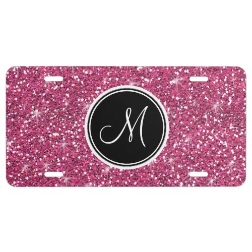 Girly Pink Glitter Sparkle Monogram Black Initial License Plate