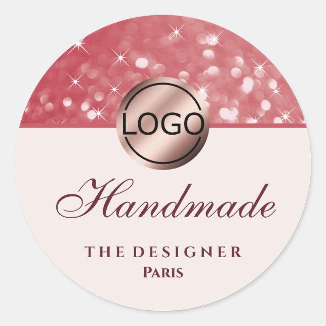 Girly Pink Glitter Sparkle Stars Logo Handmade Classic Round Sticker (Front)