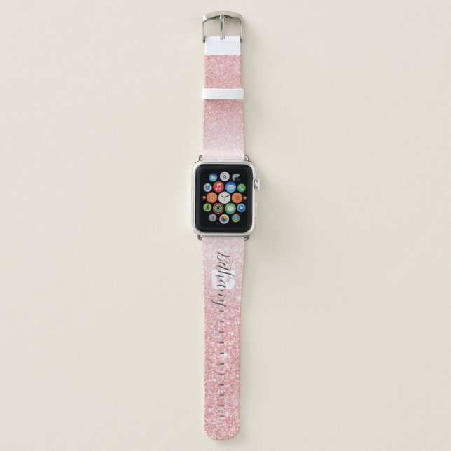 Girly Pink Glitter Sparkles Monogram Script Name Apple Watch Band (Front)