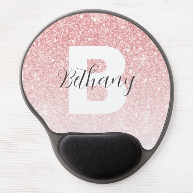 Girly Pink Glitter Sparkles Monogram Script Name Gel Mouse Pad (Front)