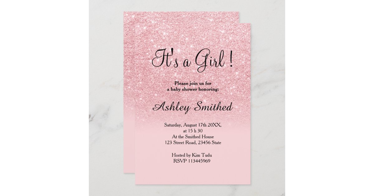 Girly pink glitter sparkles ombre girl baby shower invitation | Zazzle