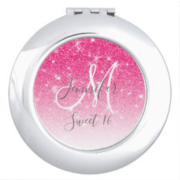Girly Pink Glitter Sparkles Sweet 16 Monogram Compact Mirror