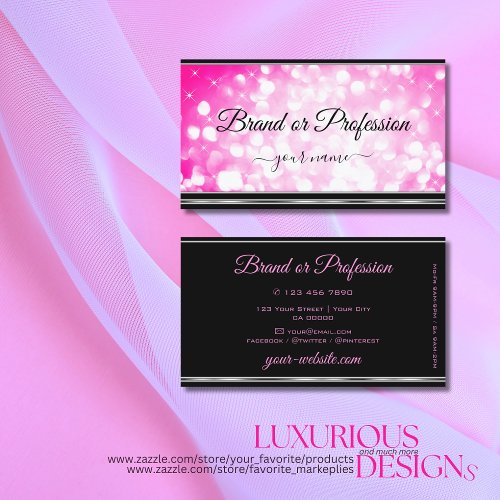 Girly Pink Glitter Stars Black and Silver Border Business Card