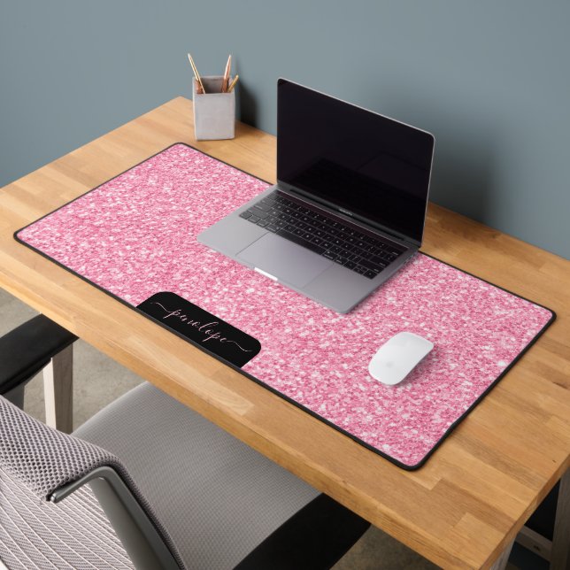 Girly pink glitter texture and sparkles, monogram desk mat (Office 2)