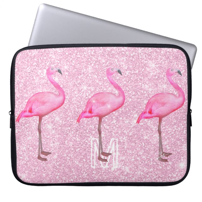 Girly Pink Glitter Tropical Flamingos Pattern Laptop Sleeve (Front)