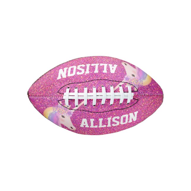 Girly Pink Glitter Unicorn Kids Personalized Football (Front)