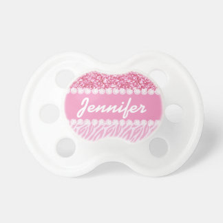 Girly, Pink Glitter, Zebra Stripes Personalized Pacifier