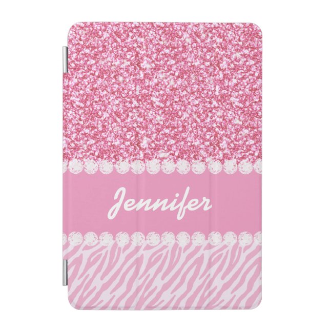 Girly, Pink Glitter, Zebra Stripes, Your Name iPad Mini Cover (Front)