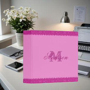 Girly pink glitter zigzag, monogram 3 ring binder