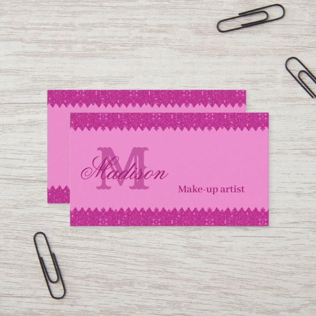 Girly pink glitter zigzag, monogram business card (Front/Back In Situ)