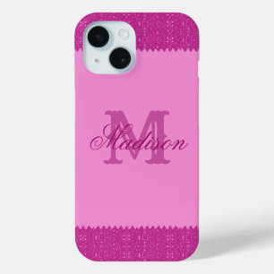Girly pink glitter zigzag, monogram iPhone 15 case
