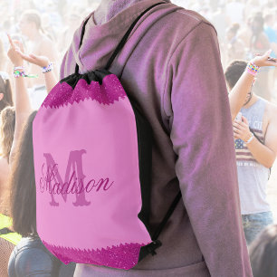 Girly pink glitter zigzag, monogram, custom drawstring bag