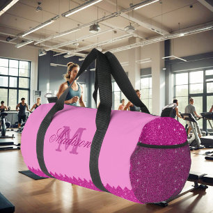 Girly pink glitter zigzag, monogram, custom duffle bag
