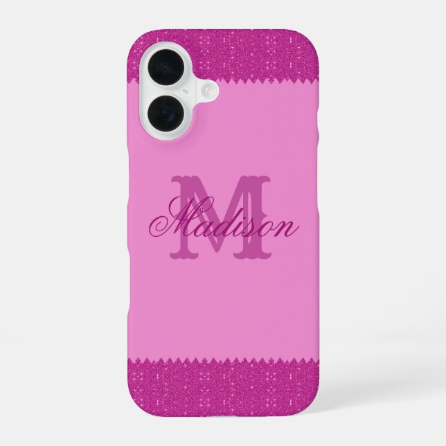 Girly pink glitter zigzag, monogram iphone case (Back)