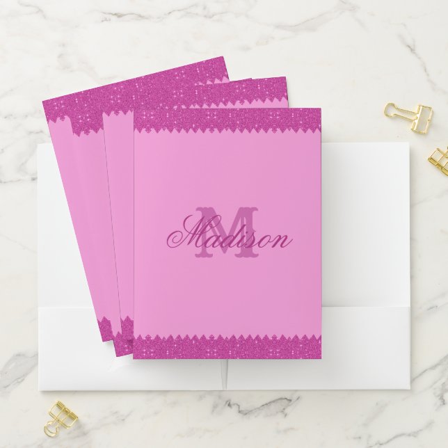 Girly pink glitter zigzag, monogram pocket folder (In Situ)