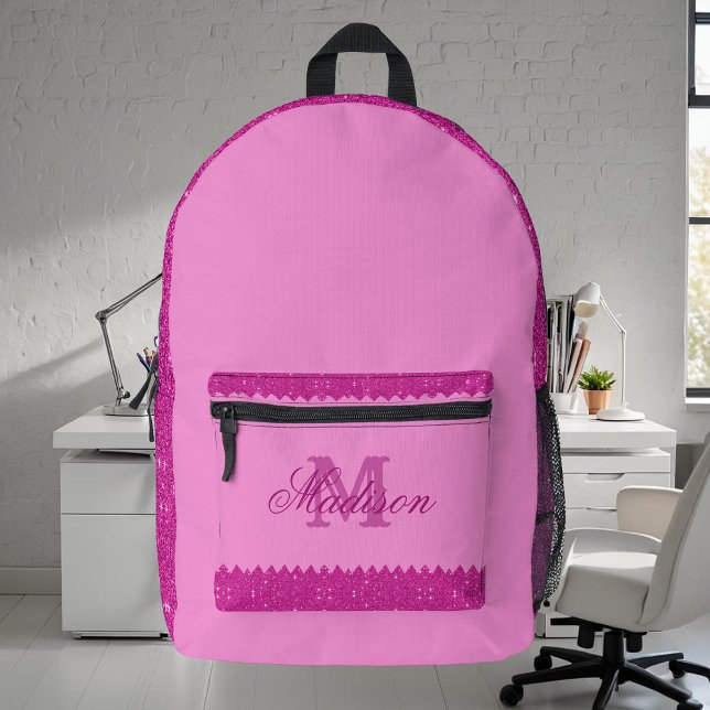 Girly pink glitter zigzag, monogram printed backpack (Creator Uploaded)