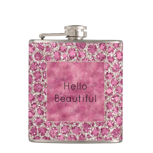 Girly Pink Glitzy Glam Glitter Leopard Print       Flask (Front)