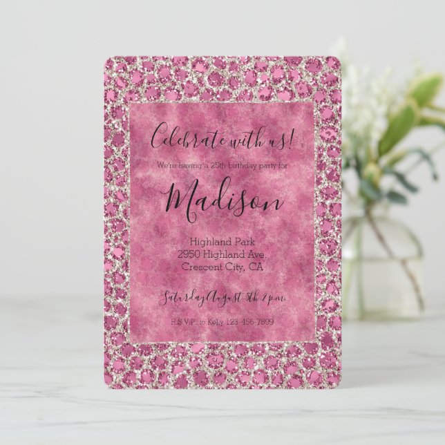 Girly Pink Glitzy Glam Glitter Leopard Print   Invitation (Standing Front)