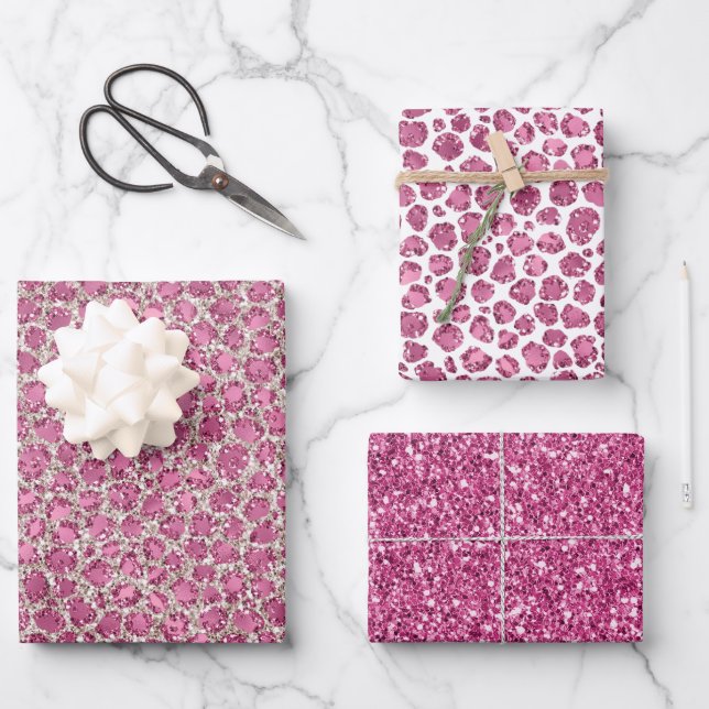 Girly Pink Glitzy Glam Glitter Leopard Print   Wrapping Paper Sheets (Front)