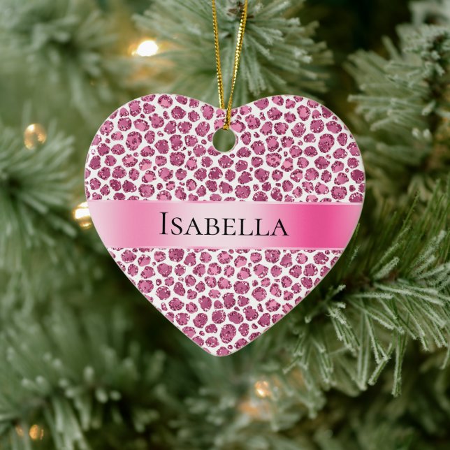 Girly Pink Glitzy Leopard Personalized Name Ceramic Ornament (Tree)