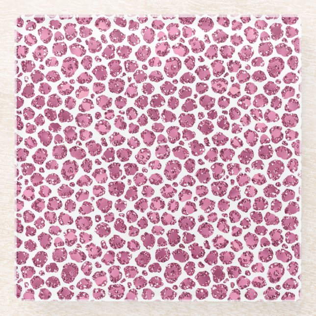 Girly Pink Glitzy Leopard Print Glass Coaster (Front)